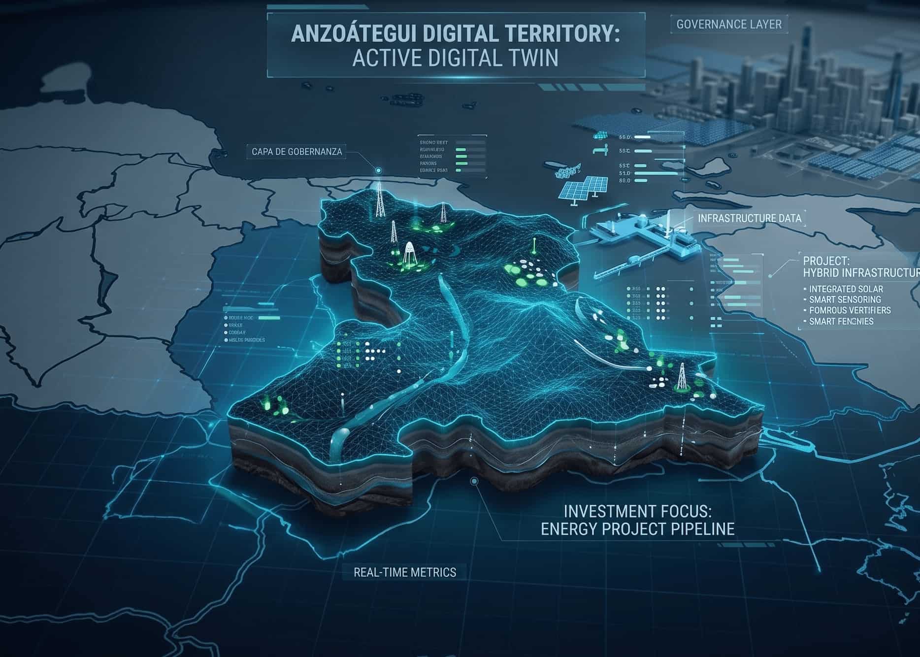 Anzoátegui Digital Territory Active Digital Twin — 3D visualization of energy infrastructure, governance layers, and real-time metrics over the Orinoco Belt